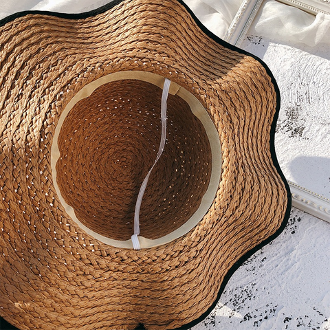 Chapeau de Plage Femme à Large Bord avec Nœud, Chapeau de Soleil d'Été Pliable en Paille, Bonnet de Protection