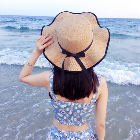 Chapeau de Plage Femme à Large Bord avec Nœud, Chapeau de Soleil d'Été Pliable en Paille, Bonnet de Protection