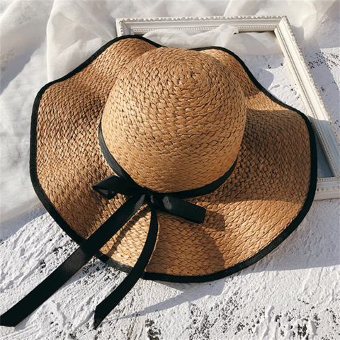 Chapeau de Plage Femme à Large Bord avec Nœud, Chapeau de Soleil d'Été Pliable en Paille, Bonnet de Protection