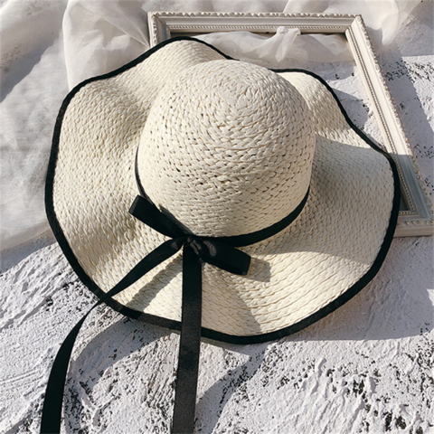 Chapeau de Plage Femme à Large Bord avec Nœud, Chapeau de Soleil d'Été Pliable en Paille, Bonnet de Protection