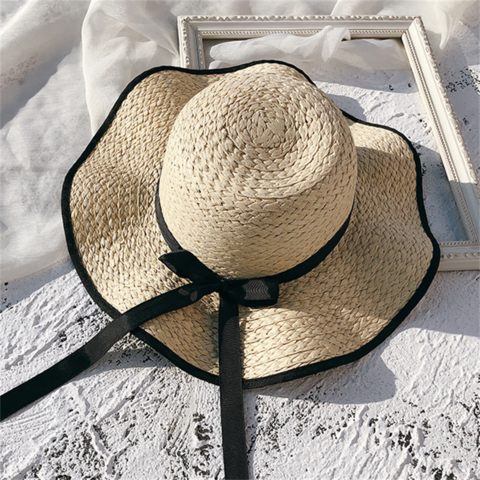 Chapeau de Plage Femme à Large Bord avec Nœud, Chapeau de Soleil d'Été Pliable en Paille, Bonnet de Protection