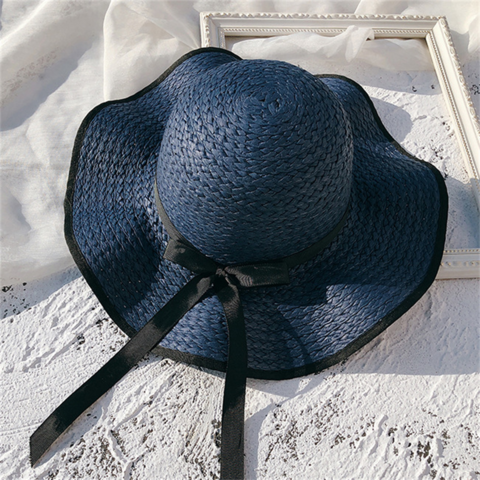 Chapeau de Plage Femme à Large Bord avec Nœud, Chapeau de Soleil d'Été Pliable en Paille, Bonnet de Protection