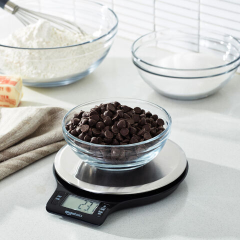 Balance de Cuisine Digitale Amazon Basics avec Écran LCD, Piles Incluses, Pèse jusqu'à 5 kg, Noir et Acier Inoxydable - Balance Digitale pour Cuisine