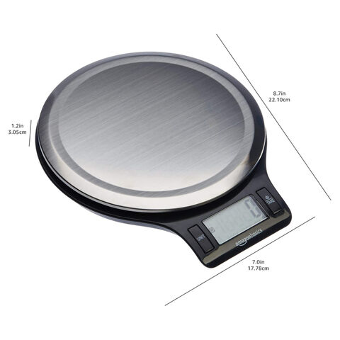 Balance de Cuisine Digitale Amazon Basics avec Écran LCD, Piles Incluses, Pèse jusqu'à 5 kg, Noir et Acier Inoxydable - Balance Digitale pour Cuisine