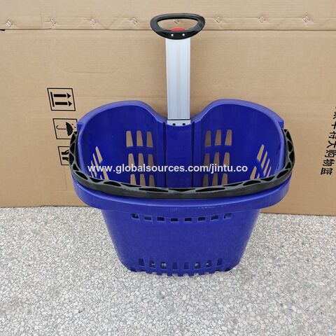 Cesta de compras de plástico para supermercado, carrito de compras rodante con colores
