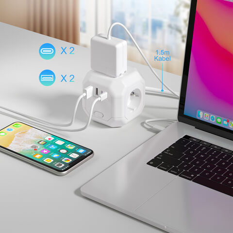 Schnelllade-Würfel mit hoher Farbwiedergabe, 2 USB-A und 2 USB-C, EU-Standard, 4 AC-Steckdosen für Büro
