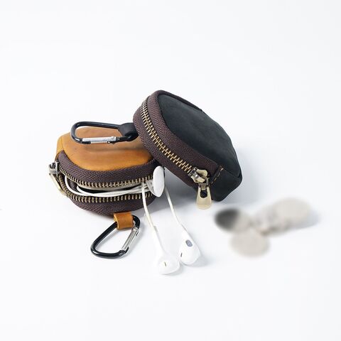 Hochwertige Kopfhörertasche zur Aufbewahrung von Kopfhörerkabeln, Kopfhörerhüllen mit Reißverschluss, schwarzer Schlüsselanhänger aus echtem Leder mit Haken.
