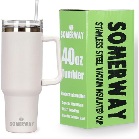 Copo de café de 1182 ml (40 oz) para viagem, caneca de aço inoxidável de parede dupla com isolamento a vácuo, com alça e canudo, copo térmico portátil para carro