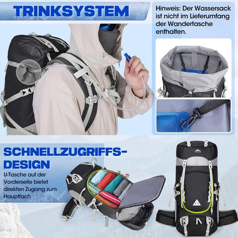 Mochila de senderismo 60L para hombre y mujer, mochila de viaje impermeable para camping, mochila grande para senderismo y viajes al aire libre, color negro.