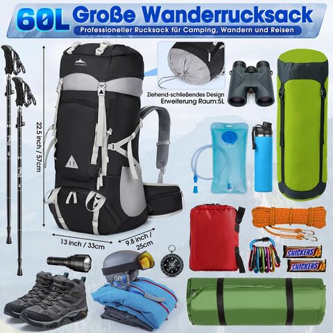 Mochila de senderismo 60L para hombre y mujer, mochila de viaje impermeable para camping, mochila grande para senderismo y viajes al aire libre, color negro.