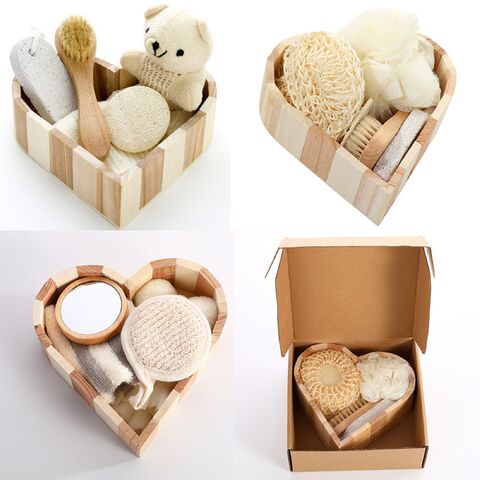Set de spa con cubo de madera: baño de flores, piedra pómez para pies, peine de masaje, masaje de madera, sisal, logo personalizado