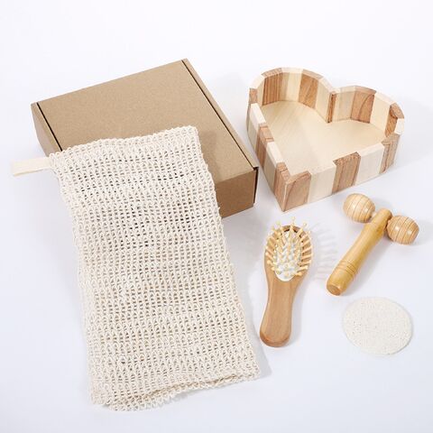 Set de spa con cubo de madera: baño de flores, piedra pómez para pies, peine de masaje, masaje de madera, sisal, logo personalizado