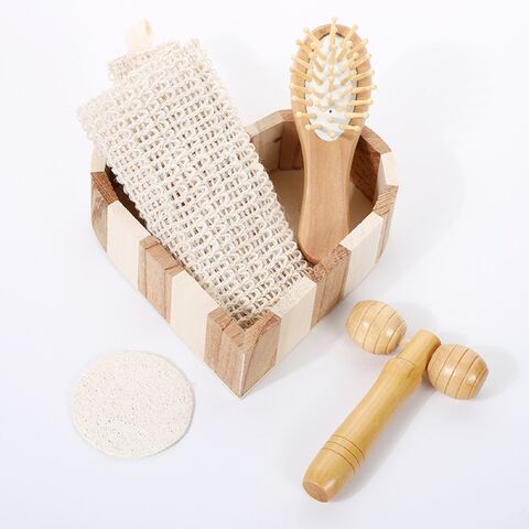 Set de spa con cubo de madera: baño de flores, piedra pómez para pies, peine de masaje, masaje de madera, sisal, logo personalizado