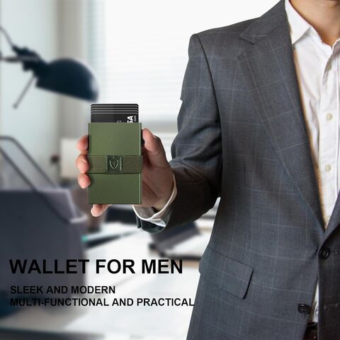 Billetera ultrafina para hombre, tarjetero metálico, tarjetero RFID con panel trasero y correa para billetes, color verde.