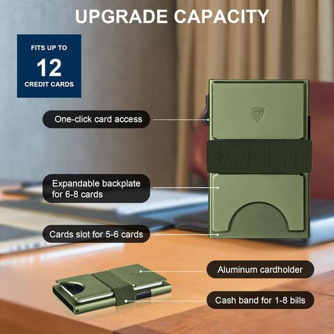 Billetera ultrafina para hombre, tarjetero metálico, tarjetero RFID con panel trasero y correa para billetes, color verde.