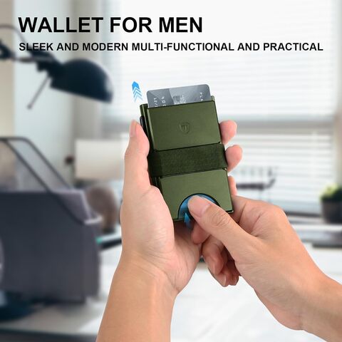 Billetera ultrafina para hombre, tarjetero metálico, tarjetero RFID con panel trasero y correa para billetes, color verde.