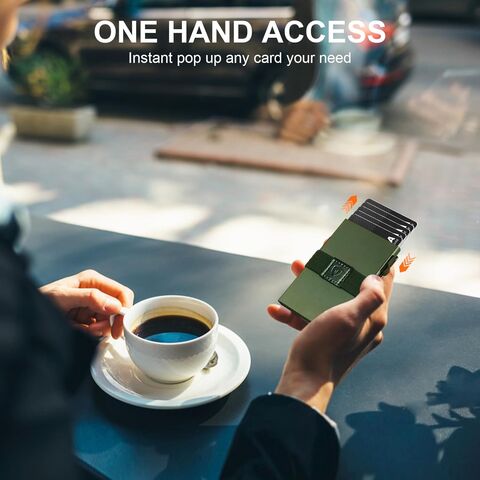 Billetera ultrafina para hombre, tarjetero metálico, tarjetero RFID con panel trasero y correa para billetes, color verde.
