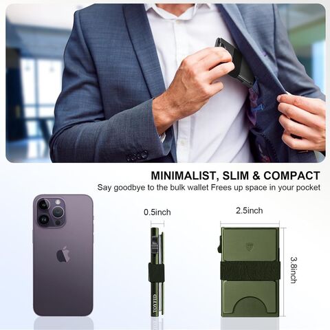 Billetera ultrafina para hombre, tarjetero metálico, tarjetero RFID con panel trasero y correa para billetes, color verde.