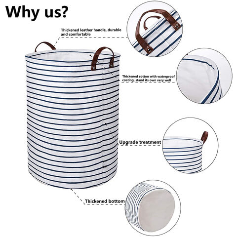 Cesto de roupa suja grande de 45 cm com cordão, impermeável, redondo, de algodão e linho, organizador dobrável