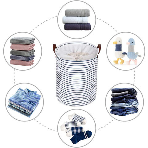 Cesto de roupa suja grande de 45 cm com cordão, impermeável, redondo, de algodão e linho, organizador dobrável