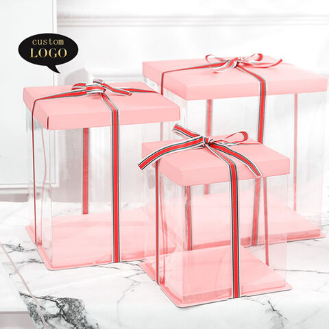 Boîte cadeau carrée en plastique transparent PVC avec design personnalisé pour emballage de gâteaux de mariage et d'anniversaire avec soie