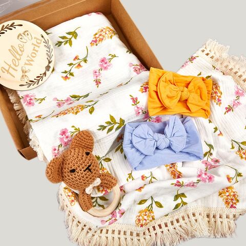 MU Quaste 100% Musselin Baumwolle Swaddle Decke Neugeborenen Stirnband Schleife Baby Rassel Geschenkset