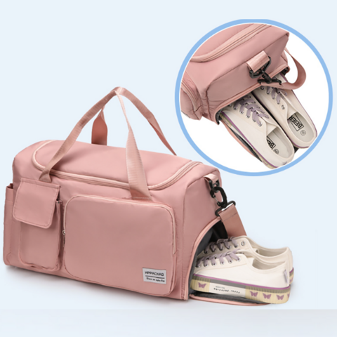 Mala de Ginásio Rosa de Grande Capacidade com Logotipo Personalizado, Poliéster Impermeável de Alta Qualidade, Bolsa de Viagem Fitness Desportiva Feminina com Compartimento para Sapatos