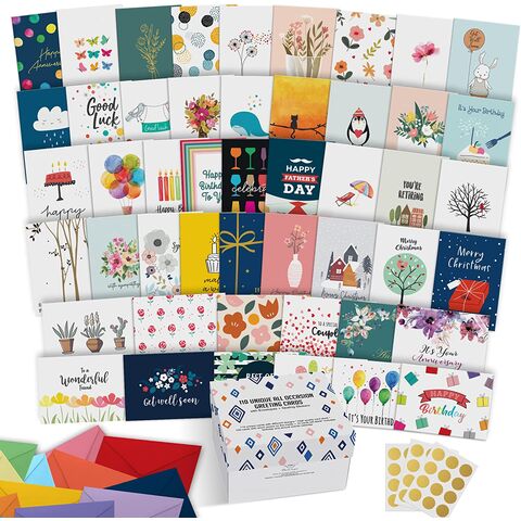 Assortiment de Cartes de Voeux pour Toutes Occasions avec Messages à l'Intérieur. Anniversaires, Condoléances, Pensées, etc.