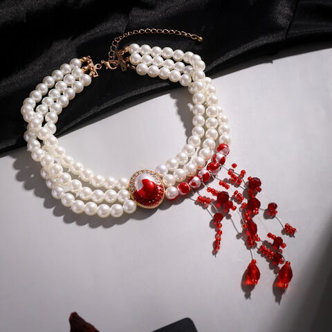 SISSLIA Goth Vintage Red Blood Pattern Imitation Pearl Chain Necklace for Women Bridal Long Tassel Beads Pendant Halloween Jewelry