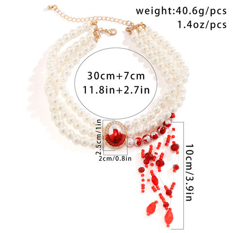 SISSLIA Goth Vintage Red Blood Pattern Imitation Pearl Chain Necklace for Women Bridal Long Tassel Beads Pendant Halloween Jewelry
