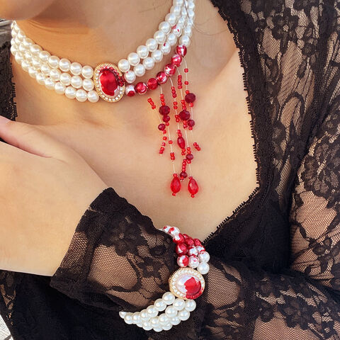 SISSLIA Goth Vintage Red Blood Pattern Imitation Pearl Chain Necklace for Women Bridal Long Tassel Beads Pendant Halloween Jewelry