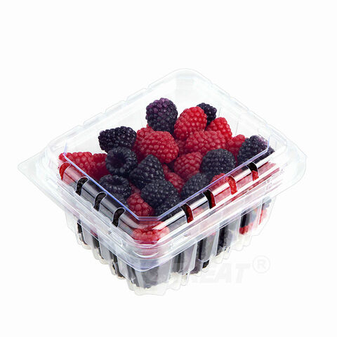 Kotak plastik sekali pakai untuk buah, wadah clamshell plastik PET untuk tomat ceri, wadah clamshell berengsel