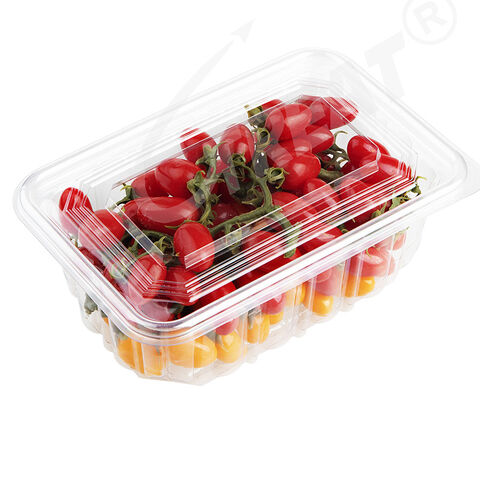 Kotak plastik sekali pakai untuk buah, wadah clamshell plastik PET untuk tomat ceri, wadah clamshell berengsel