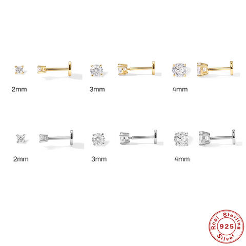 SISSLIA Boucles d'oreilles Puces avec Zircone Cubique et Fermoir Plat en Argent Sterling 925 Massif Plaqué Or 14K pour Femmes, Boucles d'Oreilles pour Cartilage