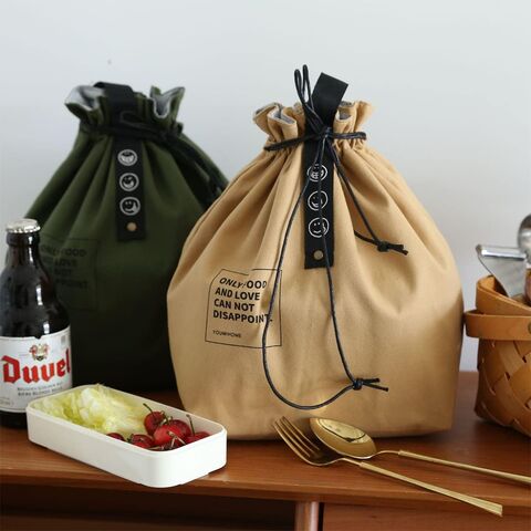 Bolsa de almuerzo de lona con cordón, bolsa térmica para almuerzo, estilo japonés, bolsa reutilizable para almuerzo, bolso de mano aislado