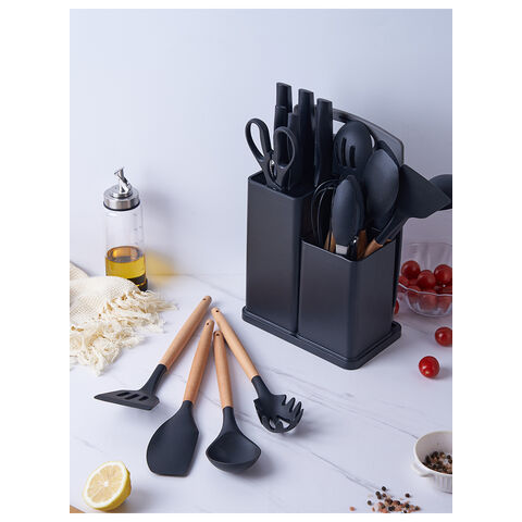 Ensemble 12 Ustensiles De Cuisine En Silicone Avec Support - Poignées En Bois - Résistant à 230°C - Sans BPA - Bleu