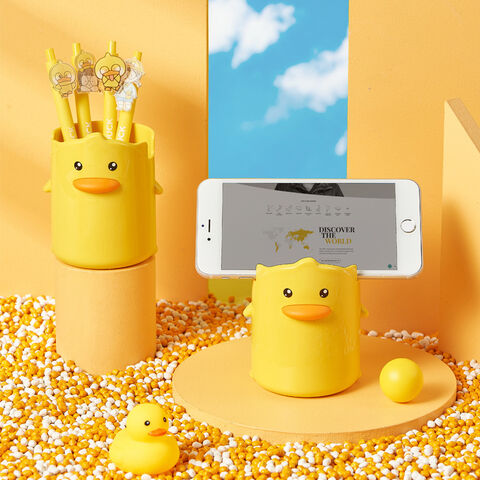 Suporte de caneta de mesa multifuncional com design criativo de pato com gema de ovo, porta-celular e armazenamento de papelaria