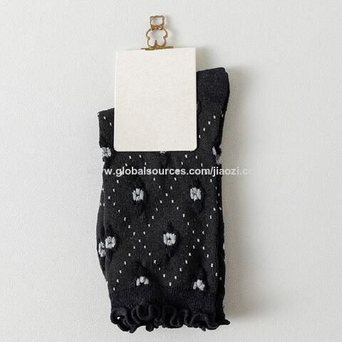 Meias de Algodão para Meninas, Estilo Diário em Preto e Branco de Alta Qualidade, com Design Floral - Meias de Cano Médio no Atacado