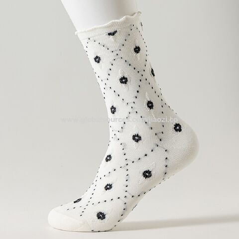 Meias de Algodão para Meninas, Estilo Diário em Preto e Branco de Alta Qualidade, com Design Floral - Meias de Cano Médio no Atacado