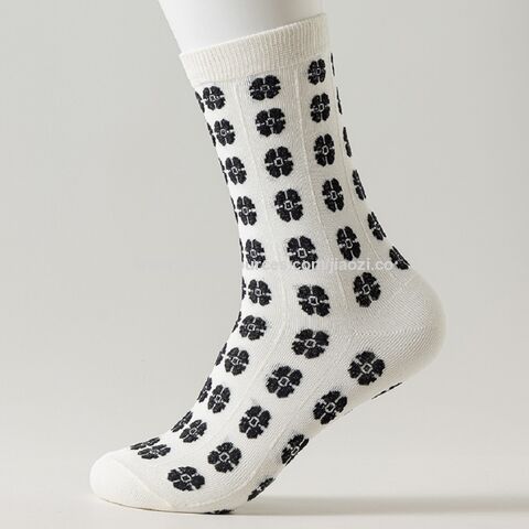 Meias de Algodão para Meninas, Estilo Diário em Preto e Branco de Alta Qualidade, com Design Floral - Meias de Cano Médio no Atacado
