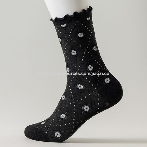 Meias de Algodão para Meninas, Estilo Diário em Preto e Branco de Alta Qualidade, com Design Floral - Meias de Cano Médio no Atacado