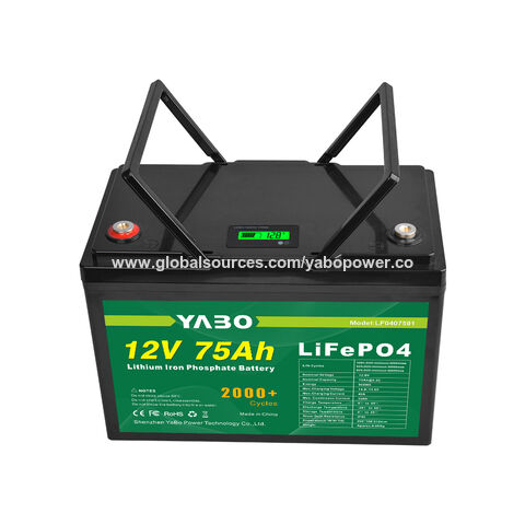 Bateria YABO Next-Gen de Lítio Ferro Fosfato 12V 75Ah com Monitoramento Bluetooth, Recarga Rápida, Superior às Baterias AGM e de Gel