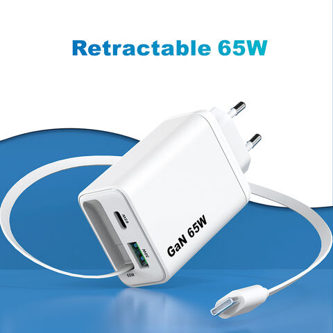 شاحن USB C بقوة 65 واط من النوع C بتصميم عائلي معتمد من KC CE وكابل بيانات قابل للسحب، شاحن سريع GaN بقوة 65 واط لجهاز iPhone والتابلت