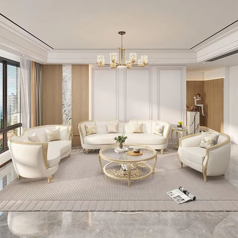 Sofá de madera de lujo 123, combinación para villas grandes, sofá de estilo crema para sala de estar