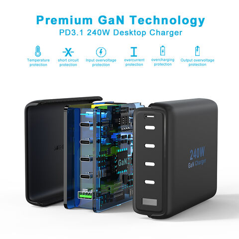 شاحن كمبيوتر محمول عالي الطاقة 100 واط 240 واط، شاحن سريع متعدد GaN USB-C للهواتف الذكية، شاحن مكتبي متنقل 140 واط 240 واط