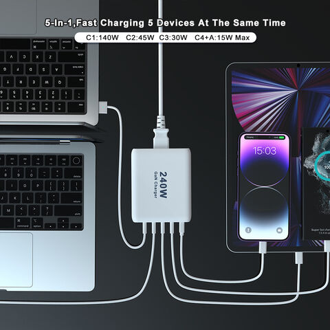 شاحن كمبيوتر محمول عالي الطاقة 100 واط 240 واط، شاحن سريع متعدد GaN USB-C للهواتف الذكية، شاحن مكتبي متنقل 140 واط 240 واط