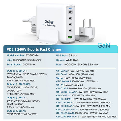 شاحن كمبيوتر محمول عالي الطاقة 100 واط 240 واط، شاحن سريع متعدد GaN USB-C للهواتف الذكية، شاحن مكتبي متنقل 140 واط 240 واط