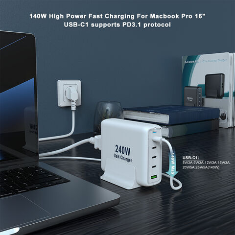 شاحن كمبيوتر محمول عالي الطاقة 100 واط 240 واط، شاحن سريع متعدد GaN USB-C للهواتف الذكية، شاحن مكتبي متنقل 140 واط 240 واط