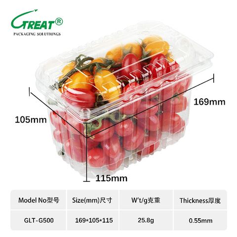Kotak plastik sekali pakai untuk buah, wadah clamshell plastik PET untuk tomat ceri, wadah clamshell berengsel