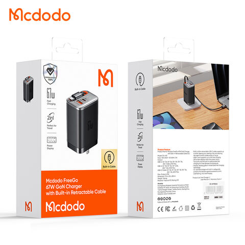 Mcdodo 411 FreeGo 67W Chargeur GaN Rétractable avec Câble US, Écran d'Affichage, Charge PD 45W 30W avec Câble 60W 65cm, Parfait pour les Voyages d'Affaires